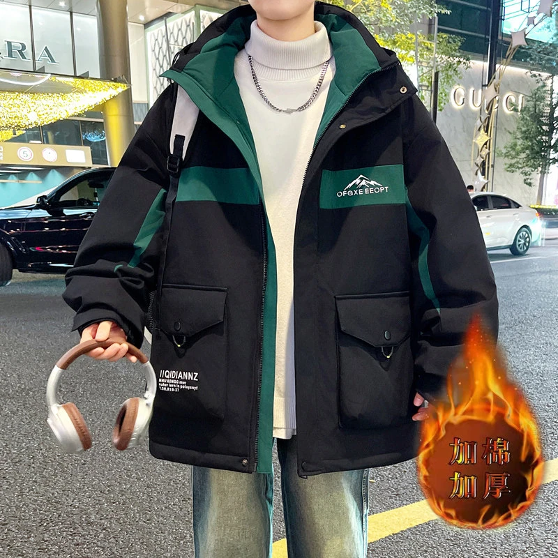 青少年学生冬季新款加厚保暖连帽工装棉服外套男生宽松潮流棉衣服