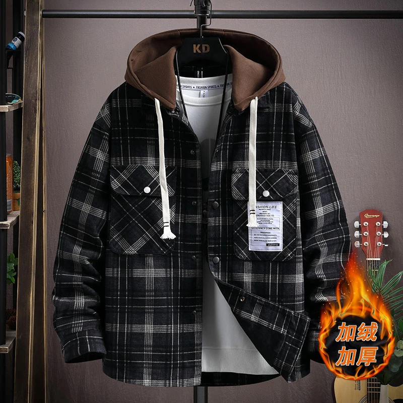 秋冬加绒格子牛仔外套男宽松潮流青少年学生加厚保暖休闲工装夹克