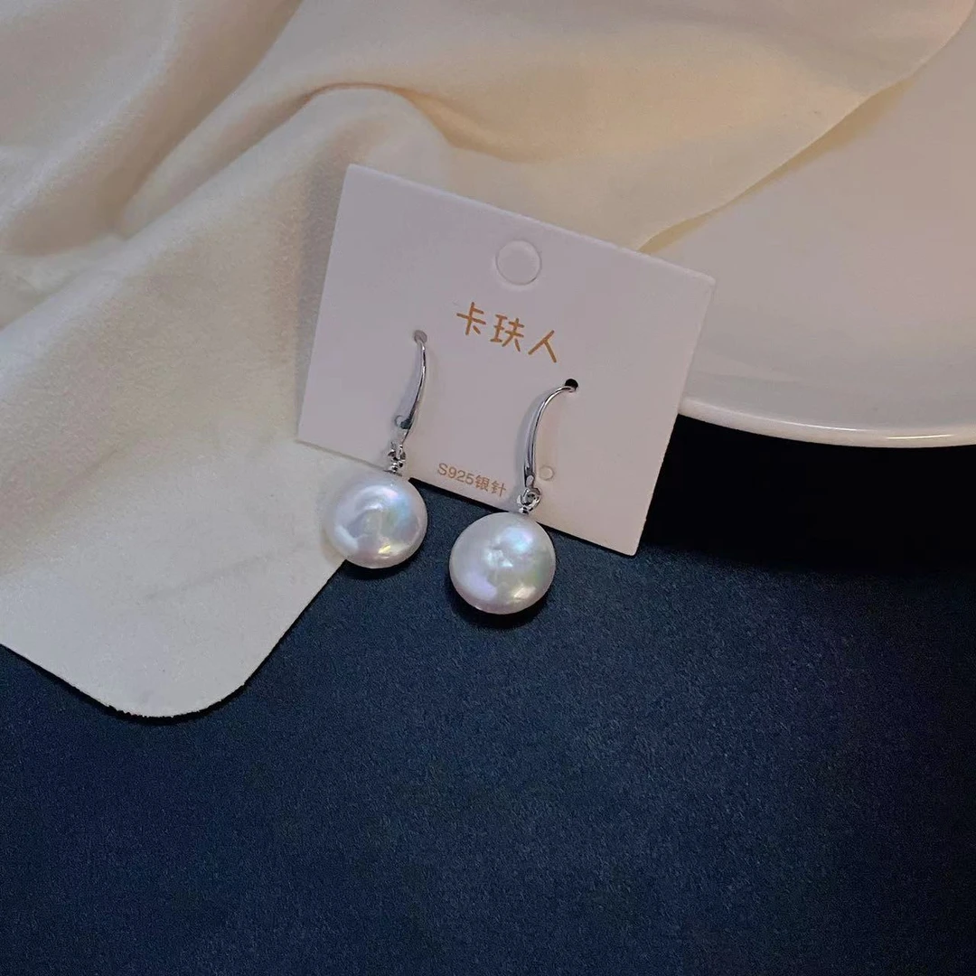 天然淡水珍珠A668#简约巴洛克白纽扣耳钩(通孔)