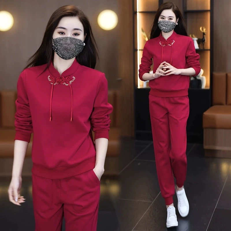 新中式休闲运动套装女春秋新款时尚国风盘扣卫衣束脚裤洋气两件套