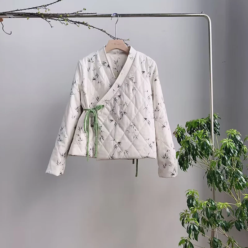 2660《潇潇竹歇》原创复古文艺国风复古竹叶印花气质绑带外套棉服
