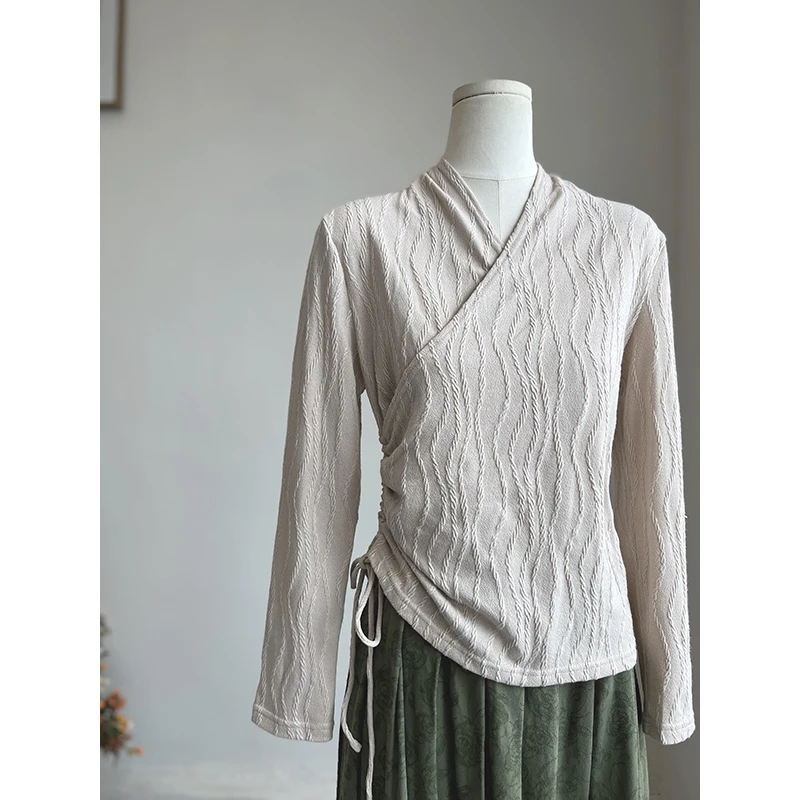 《雨落心尘》513设计师款中式V领侧边系带显瘦百搭气质长袖上衣
