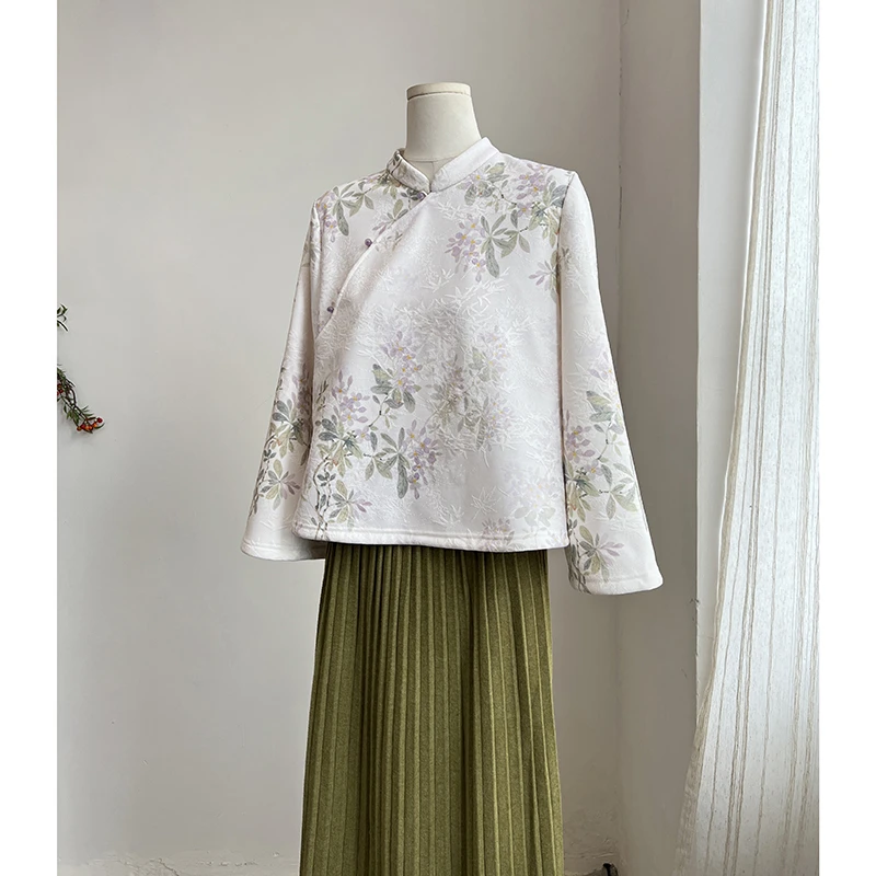 4049《花落莫相思》原创秋冬立领国风印花衬衫气质加厚上衣