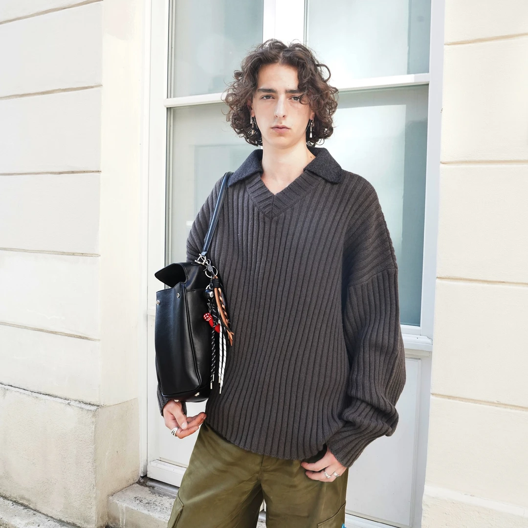 SOURPLUM灰绿色坑条廓形毛衣男女同款宽松廓形秋冬针织衫