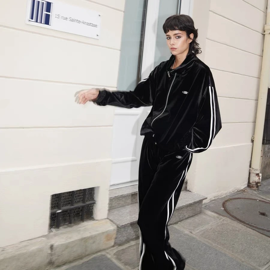 SOURPLUM 【现货】黑色丝绒织带阔形外套卫衣宽松运动卫裤