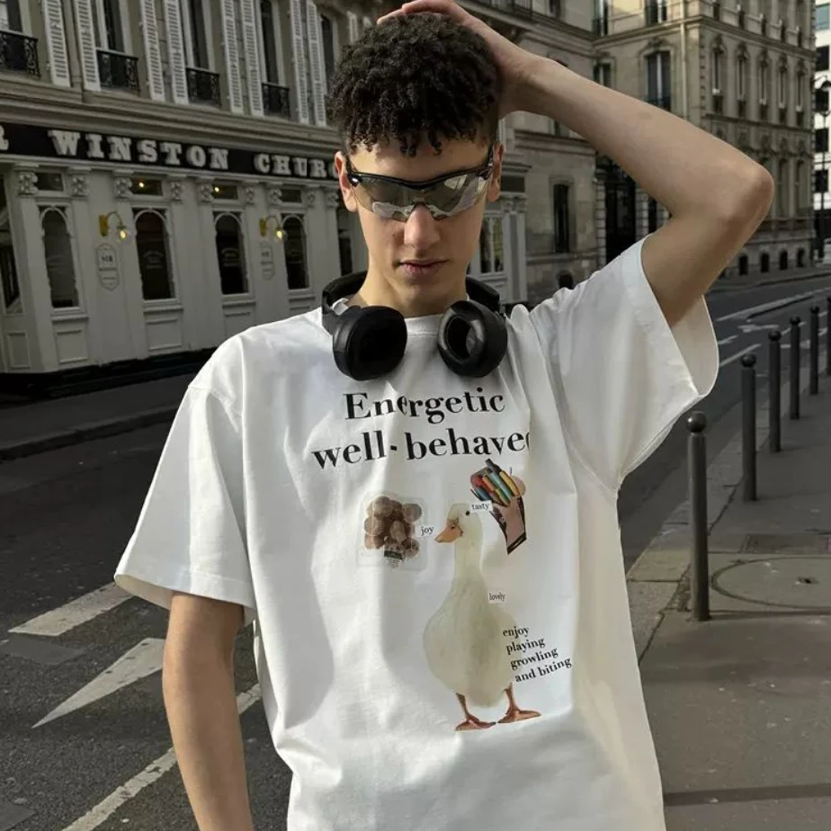 SOURPLUM Muuah系列“Enjoy”可爱小鸭印花图案全棉宽松百搭白色T恤