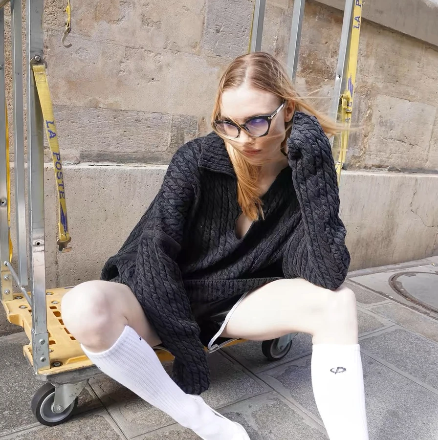 SOURPLUM黑色洗水做旧绞花毛衣 男女同款麻花宽松廓形