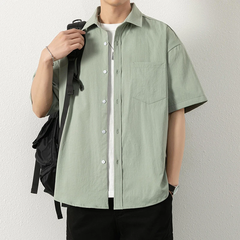 夏季新品男潮流韩版纯色泡泡纱休闲短袖衬衫薄款透气宽松百搭衬衣