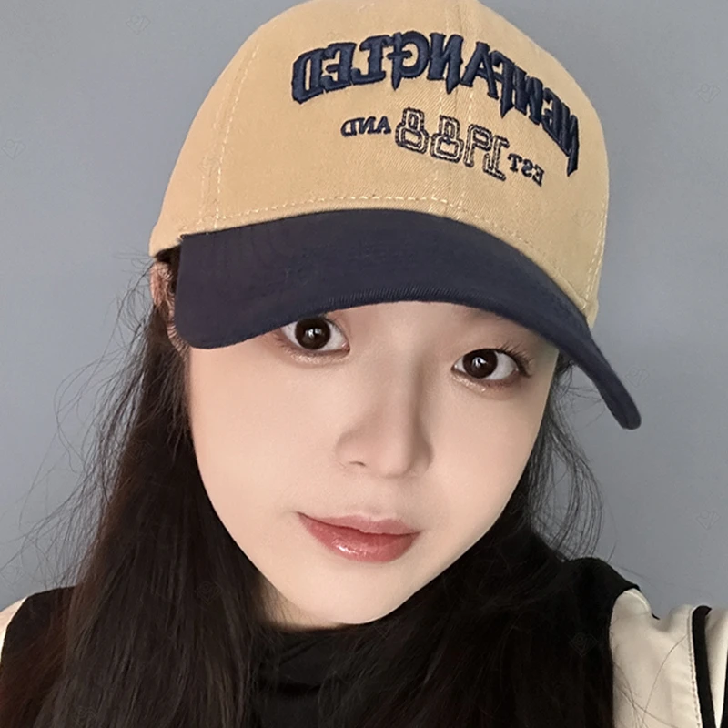 新款美式复古拼接鸭舌帽女减龄ins风大头围显脸小棒球软顶字母款