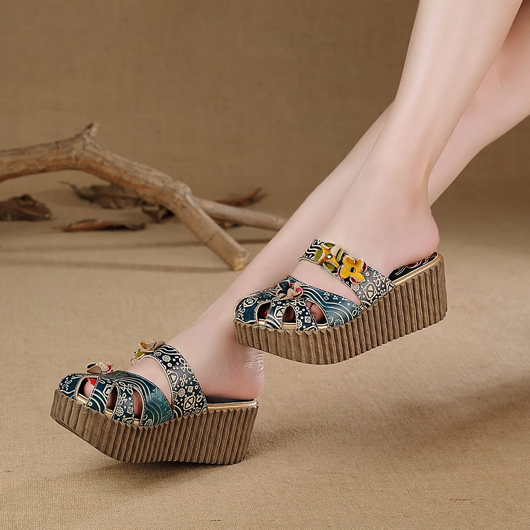 厚底真皮牛皮民族风女家居拖鞋休闲松糕鞋妈妈鞋百搭958-1