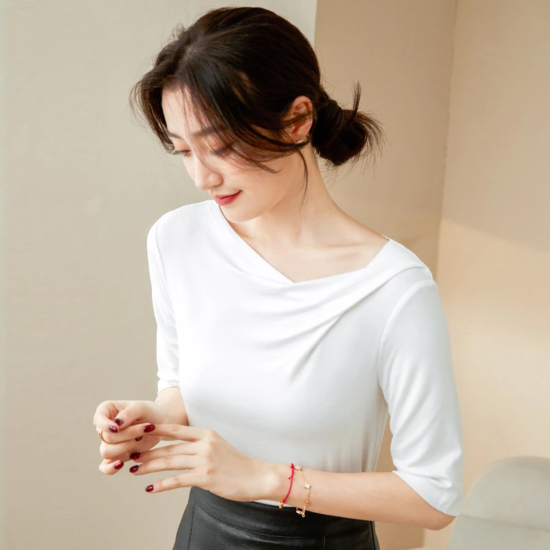 褶皱设计感中袖t恤 春夏纯色高级宽松显瘦打底衫微胖遮肉半袖上衣