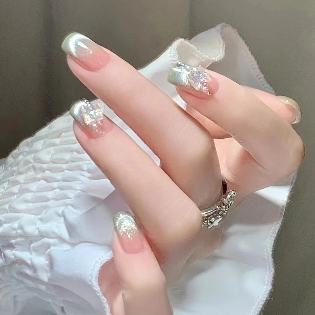 网红新款绿蝶猫眼中长梯24片渐变法式显白温柔系美甲假指甲贴片