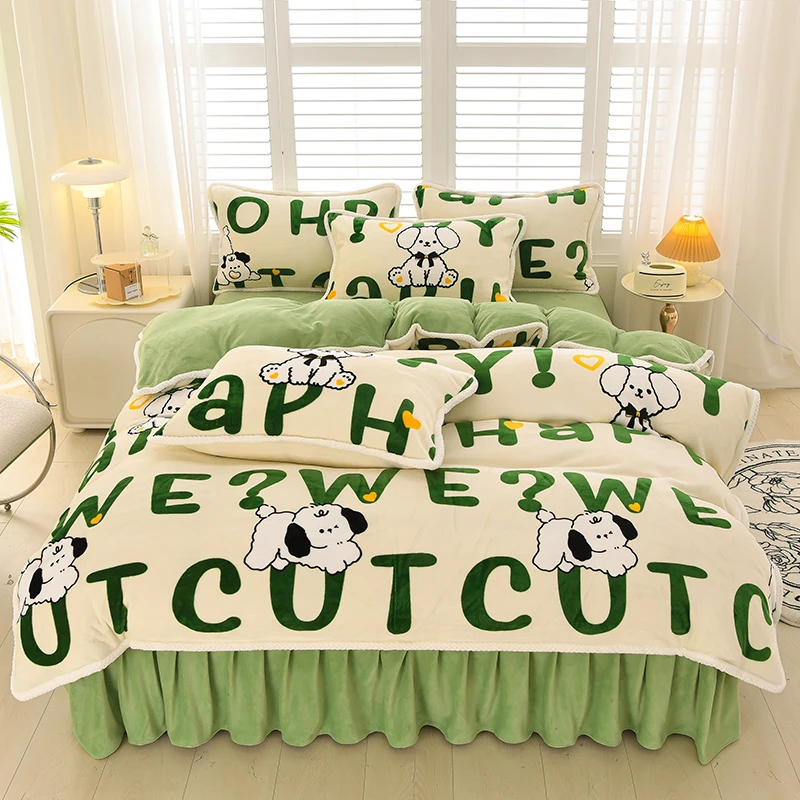 【莫奈】高克重床裙款加绒加厚双面加绒保暖牛奶绒四件套印花4件套