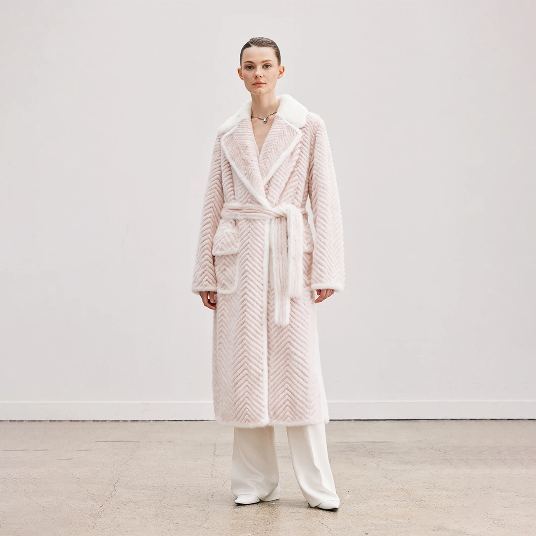 QIQIFUR 翻领车条系带水貂大衣秋冬新款毛毛皮草长款外套女