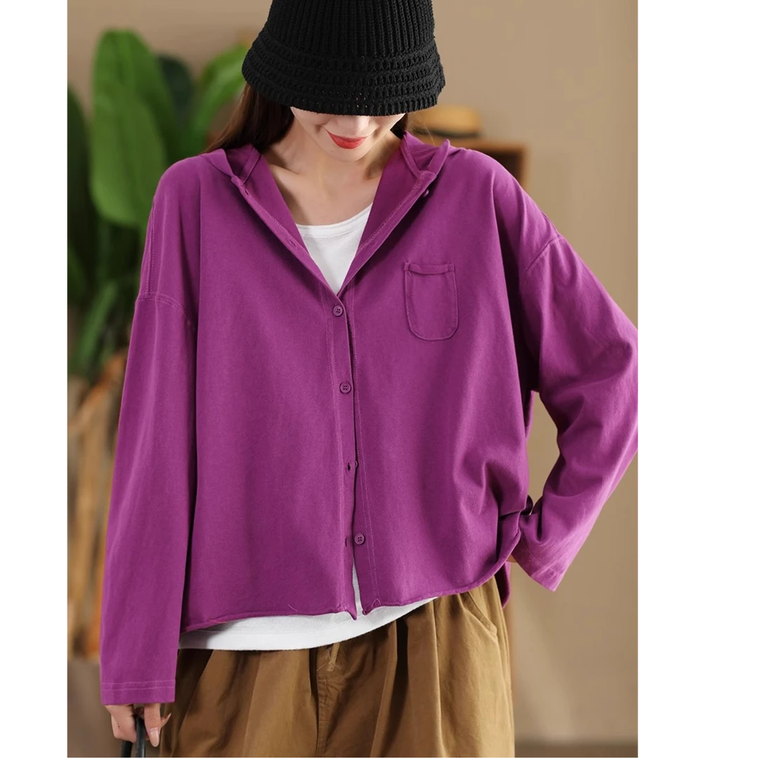 秋款复古连帽长袖外套女单排扣棉质开衫纯色宽松外搭上衣
