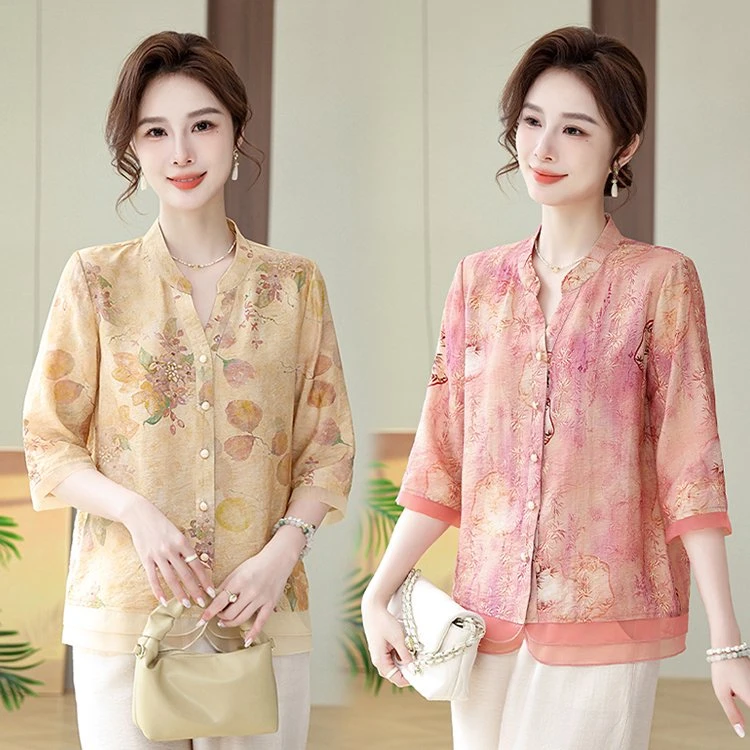 时尚中年妈妈夏装中国风中袖衬衫上衣中老年女夏季新中式洋气小衫