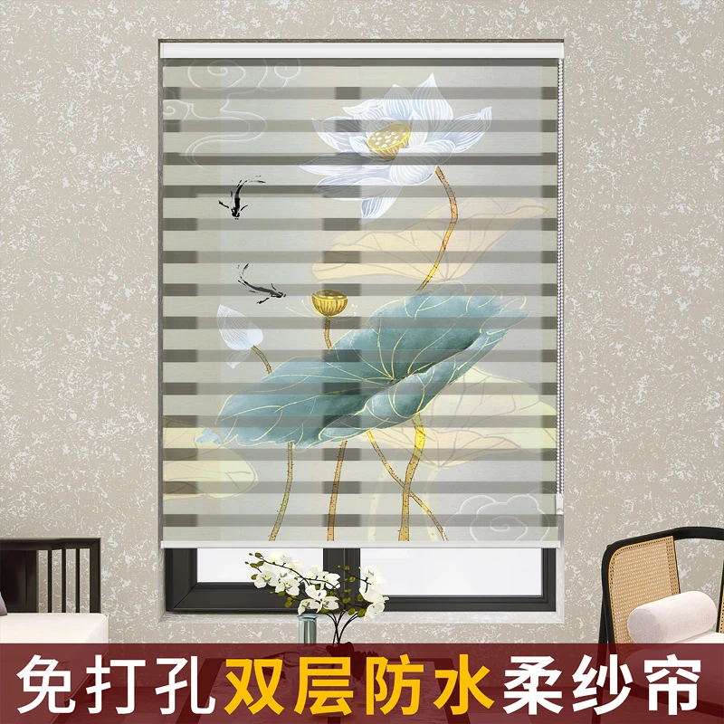 中式印花柔纱帘书房客厅办公室浴室卫生间防水遮光窗帘免打孔遮阳
