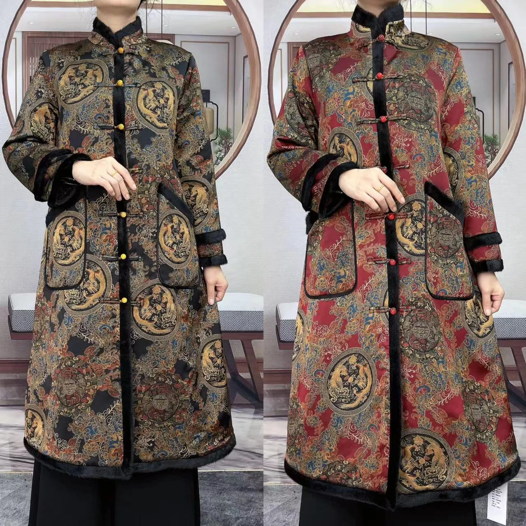 W01011复古端庄龙凤呈祥长款棉服