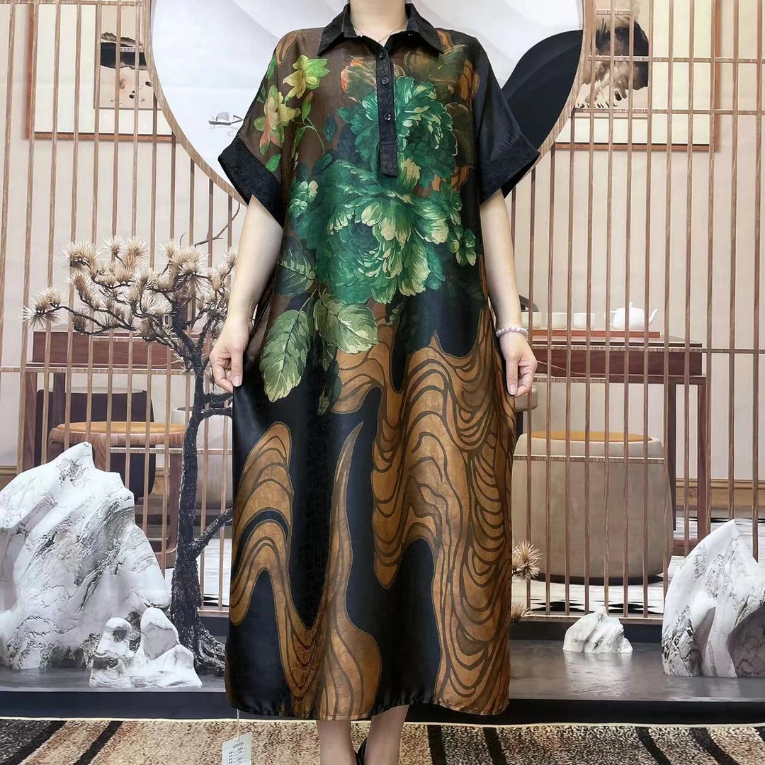 Q20020新款翻领大版宽松印花连衣裙