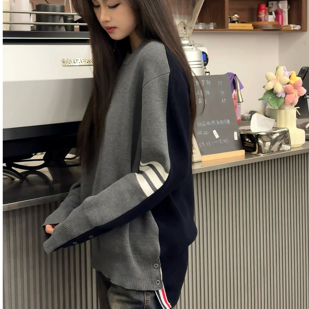 TIMID BOYWNE双色拼接2024撞色新款圆领针织毛衣套头衫男女同款