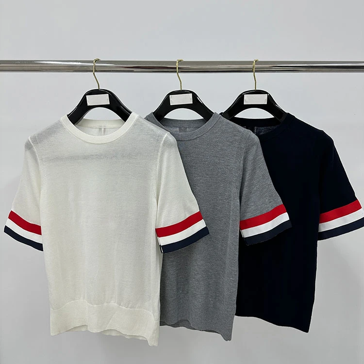 夏季针织短袖T恤透气凉感百搭修身圆领简约拼接设计感