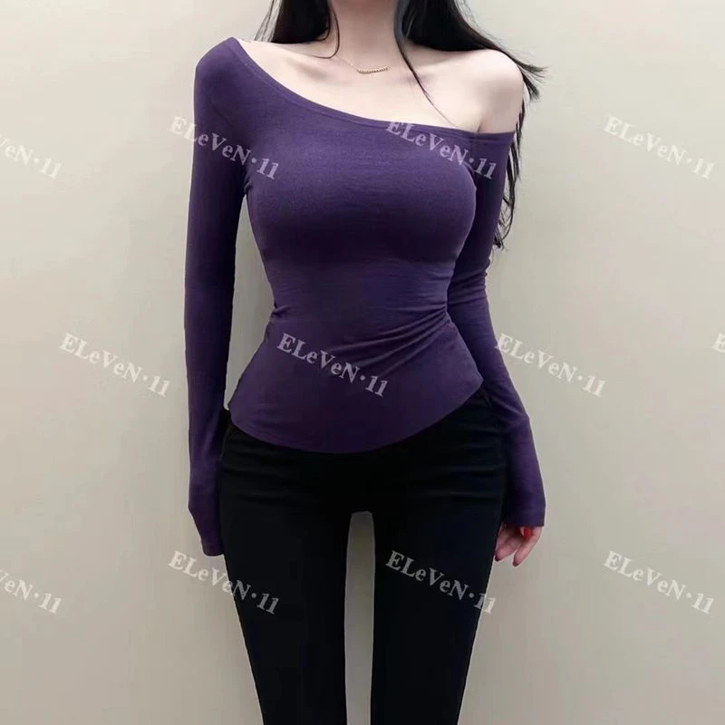 11616韩版纯欲不规则性感斜肩长袖T恤女秋季新款修身弹力打底上衣