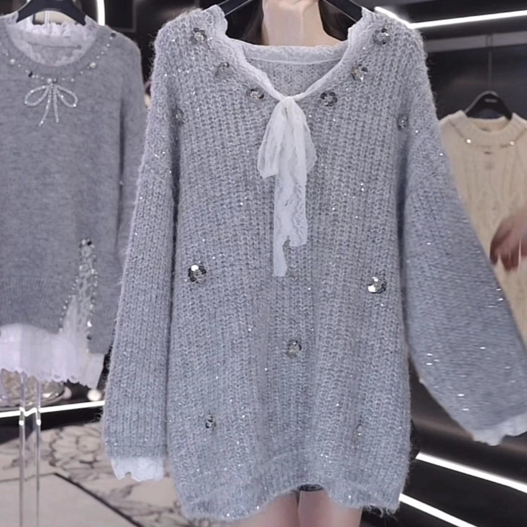 时尚法式亮片蕾丝绑带蝴蝶结宽松毛衣2025秋季新款气质百搭上衣女