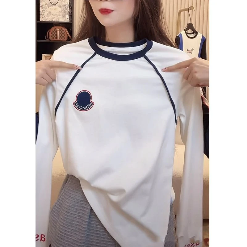 时尚小众设计感撞色拼接长袖T恤2025新款百搭简约宽松上衣潮