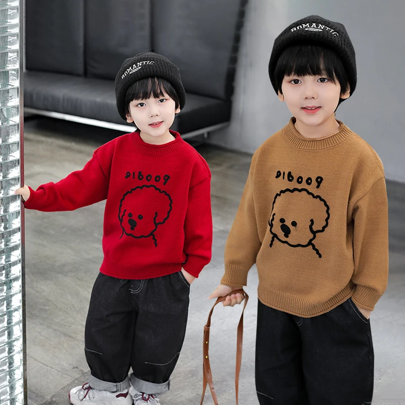 男童秋冬毛衣2025新款洋气小男孩红色针织线衣儿童冬季加厚打底衫
