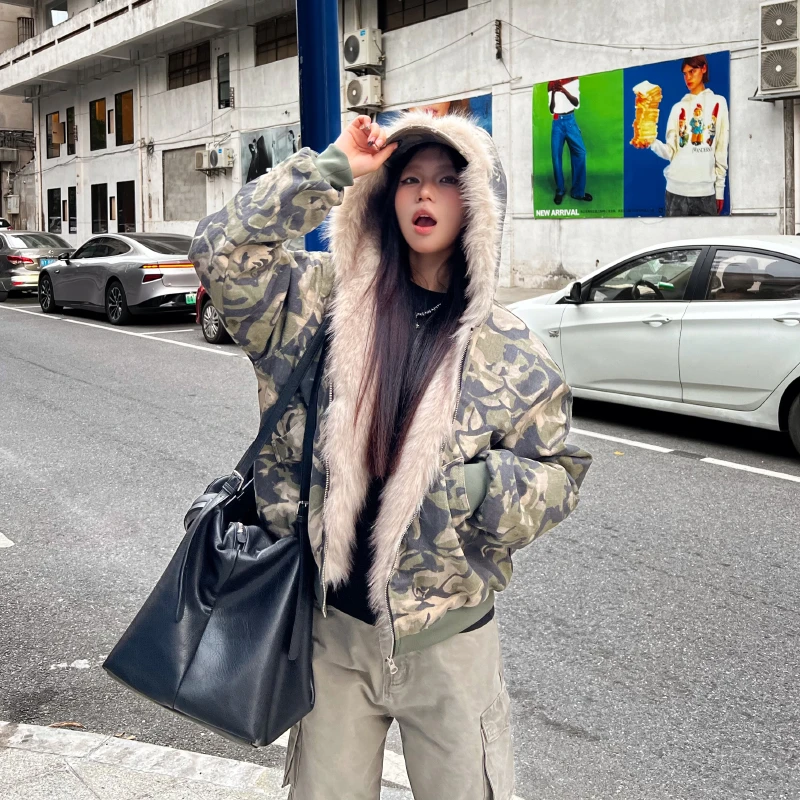 Material美式复古水洗迷彩毛领连帽棉服女冬季宽松座山雕保暖外套