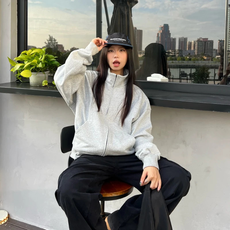 Material美式复古cleanfit纯色短款立领卫衣男女运动休闲拉链外套