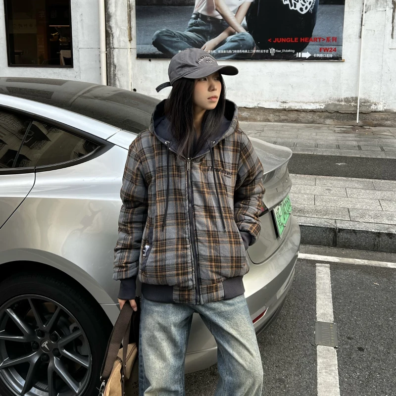 Material美式短款双面穿连帽棉服外套男女冬季cleanfit加厚棉衣潮