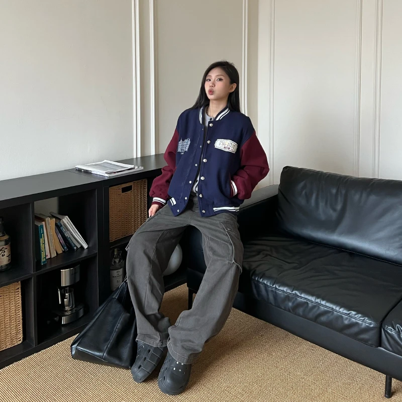 Material美式复古拼接撞色毛呢棒球服夹克男女街头宽松短款外套潮