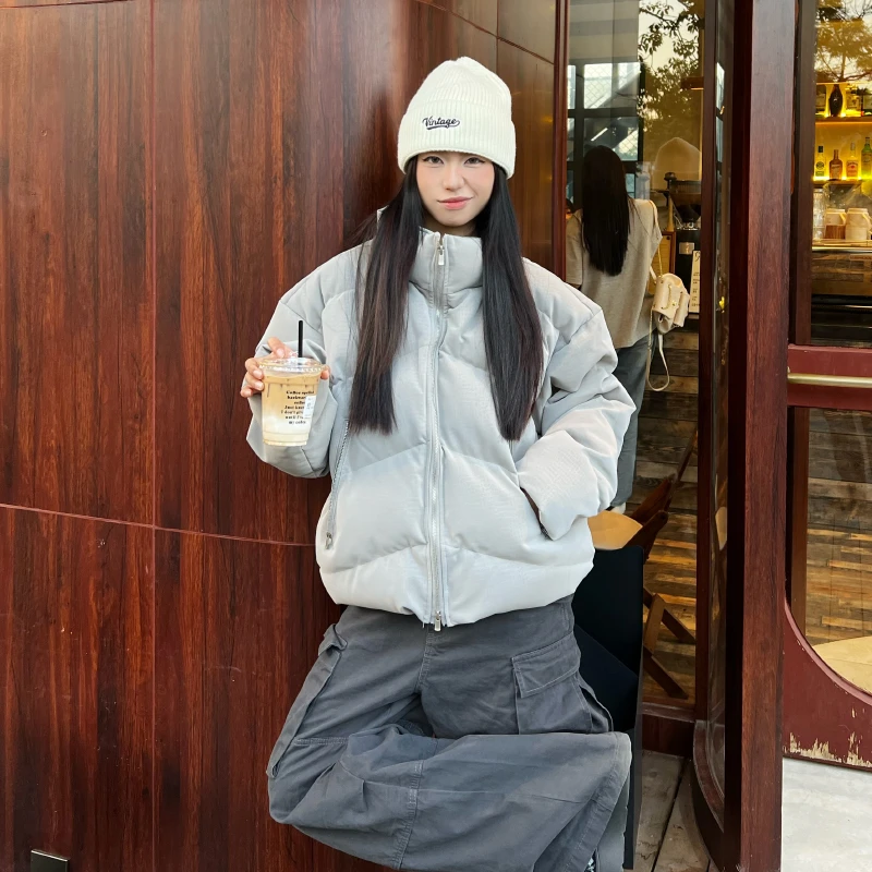 Material冬季重磅PU皮立领棉服男女cleanfit短款面包服加厚外套潮