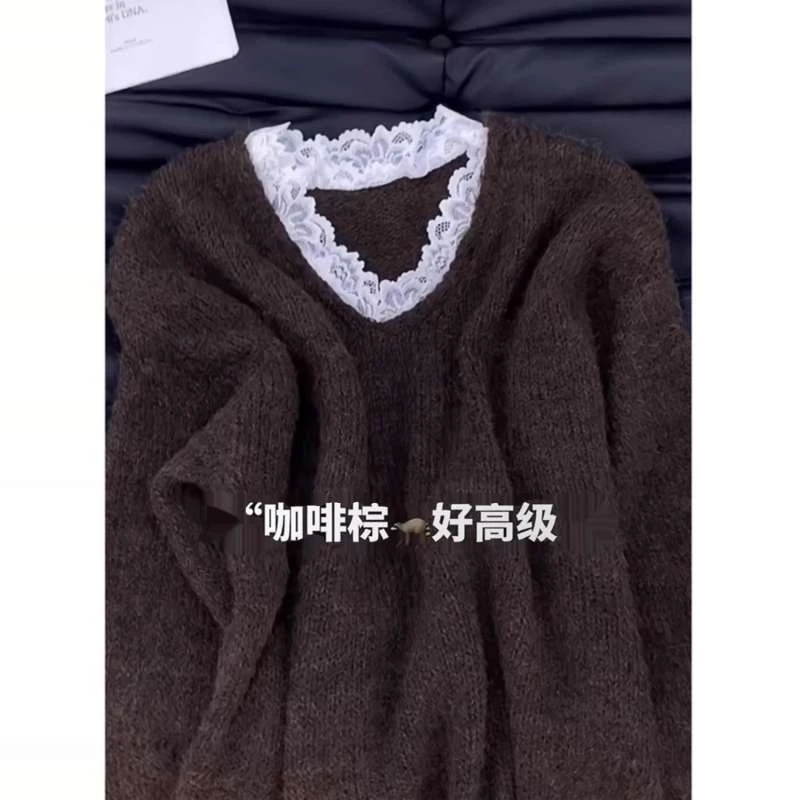 欧货高端咖色v领毛衣女秋季新款高级感慵懒蕾丝假两件针织衫上衣