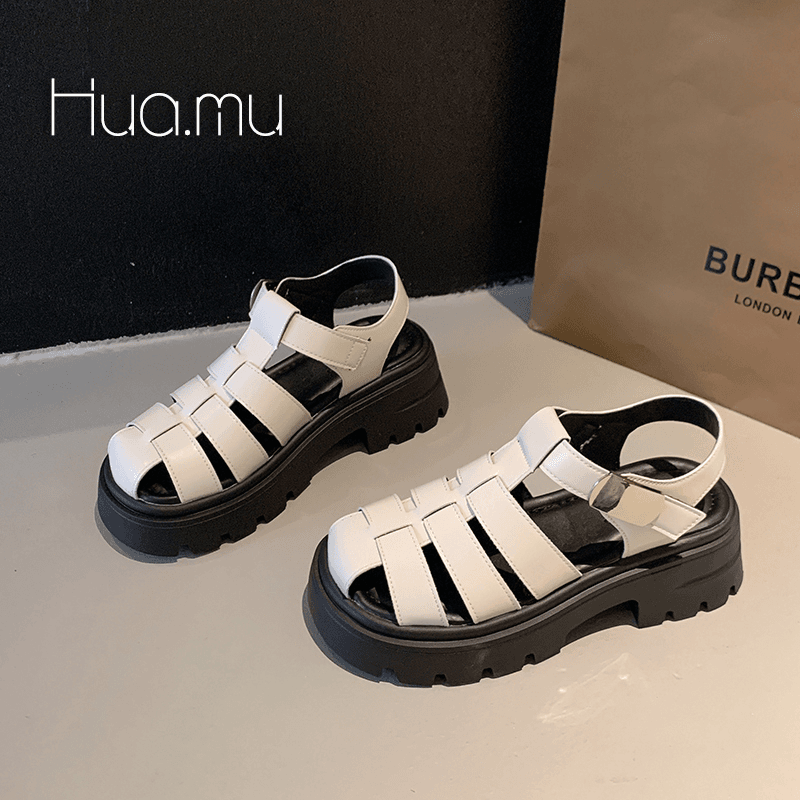 包头罗马网红女夏2024新款百搭编织厚底粗跟增高猪笼网红女士外穿