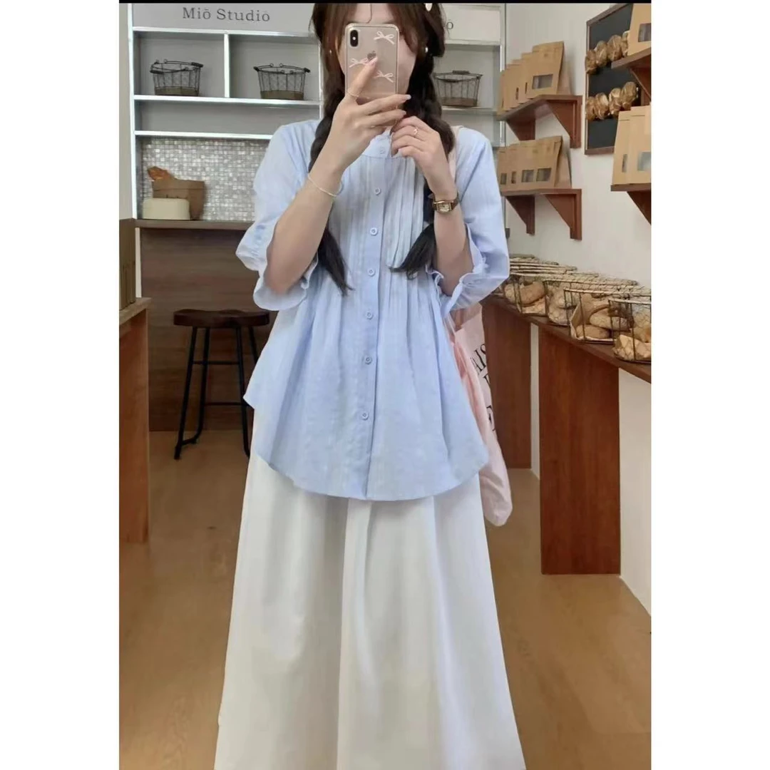 日系甜美蓝色泡泡袖衬衫女春季新款小众宽松简约褶皱气质减龄上衣