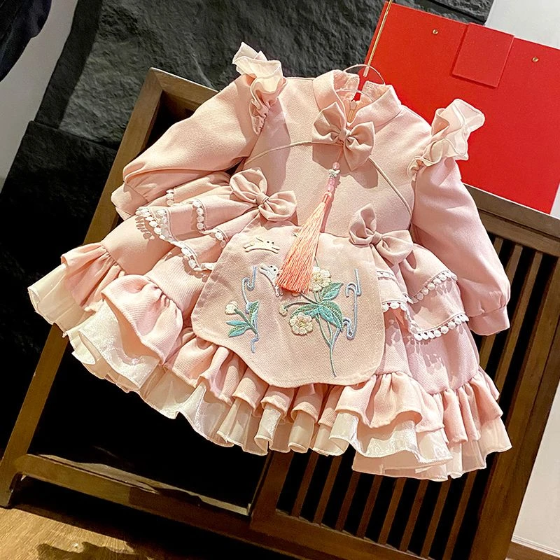 女童新款年服宝宝加绒周岁国潮风洋气礼服裙小女孩元旦圣诞表演裙