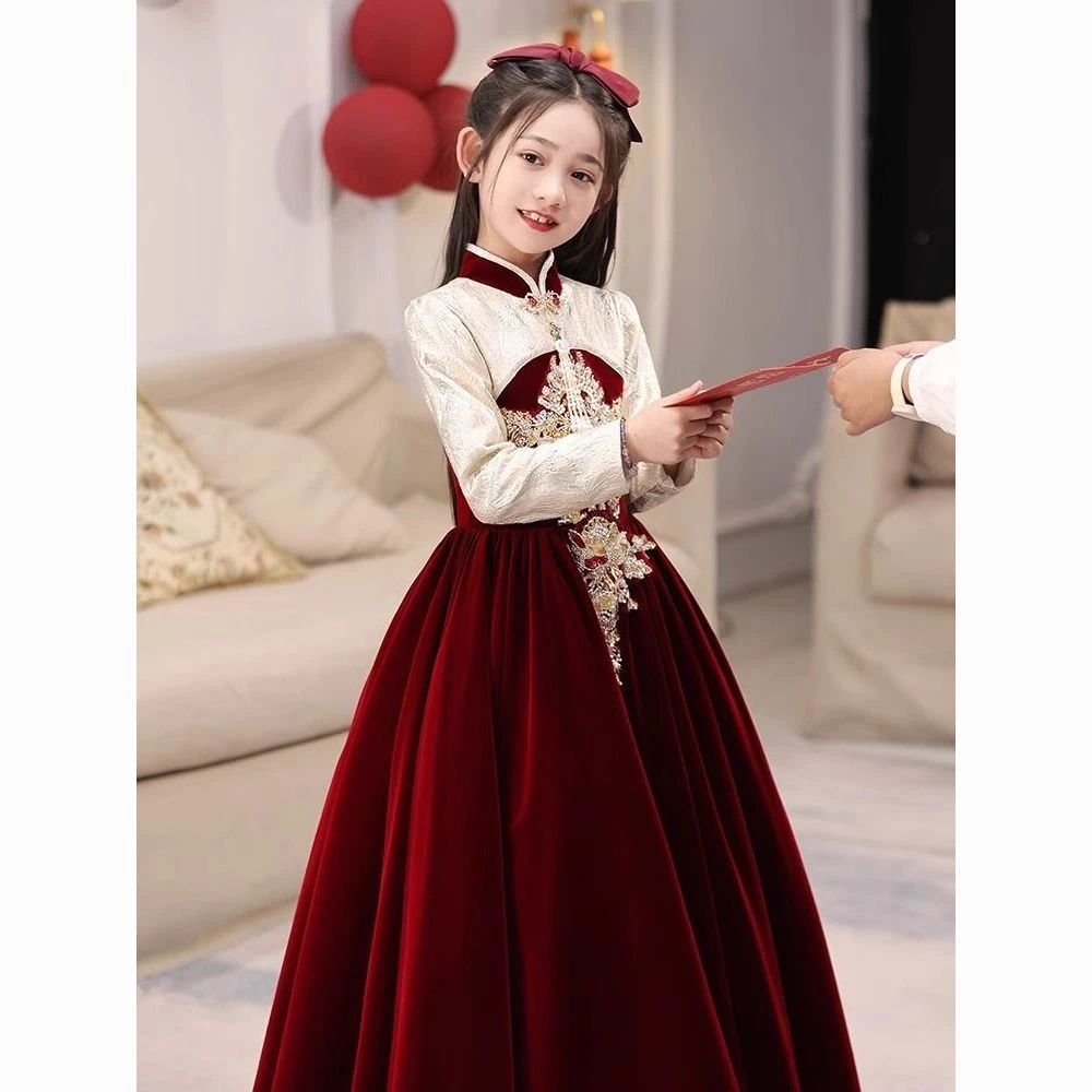 冬季新款女童红色礼服秋冬季公主裙儿童主持人花童婚礼小女孩钢晷