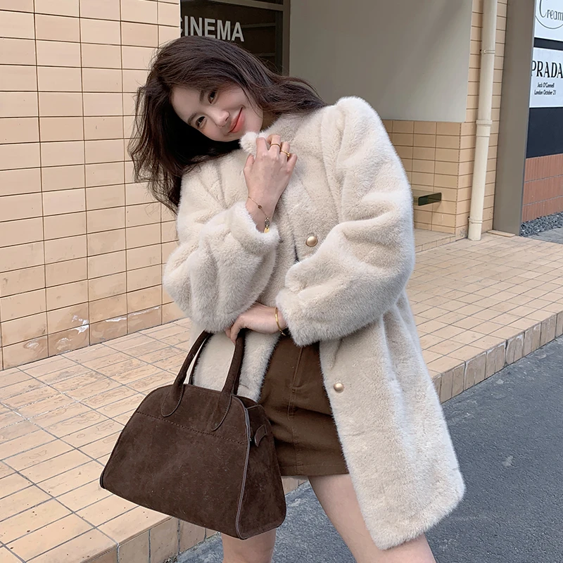 冬季仿水貂绒外套中长款皮毛一体毛毛外套女宽松加厚时尚百搭保暖