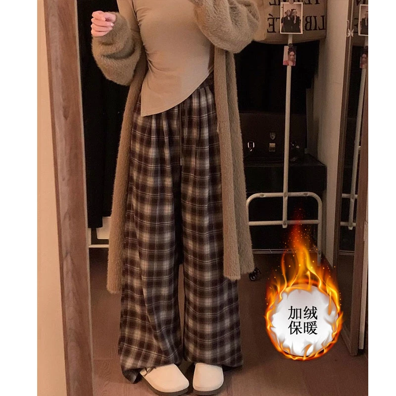 加绒慵懒风复古格子休闲裤秋松紧腰阔腿裤宽松拖地磨毛裤子001
