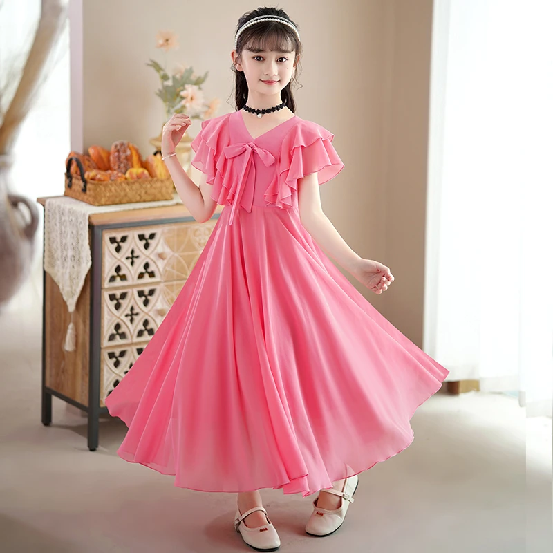 女童连衣裙夏季时尚雪纺纯色公主裙小女孩洋气显瘦气质中大童长款
