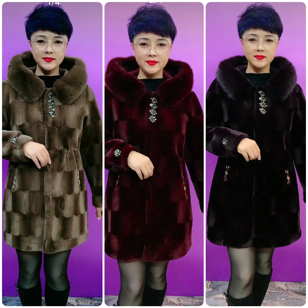 111新款中长款钻扣穿珠一体绒外套