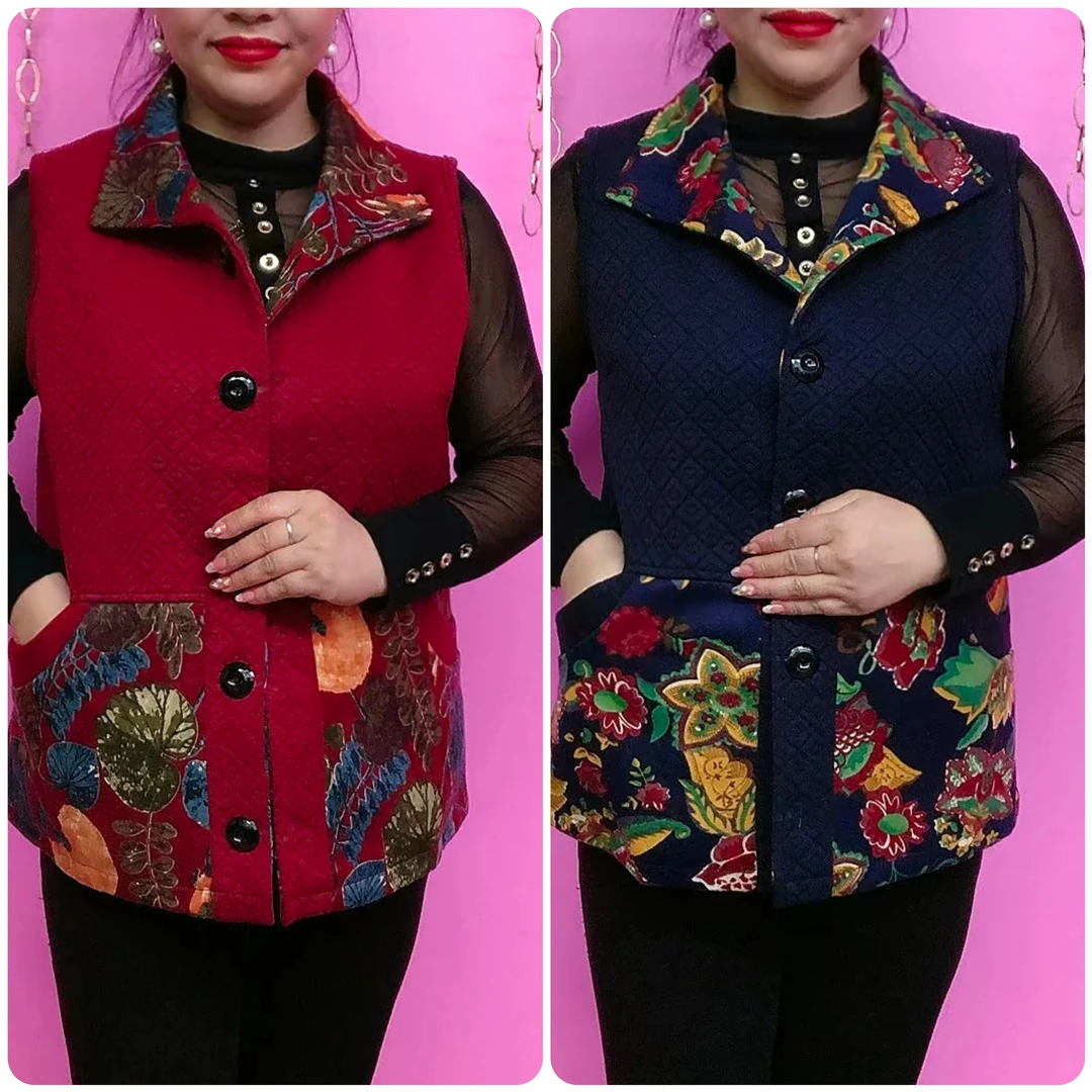 166#春季新款中老年款时尚翻领荷叶花拼色休闲马甲（两种花型）