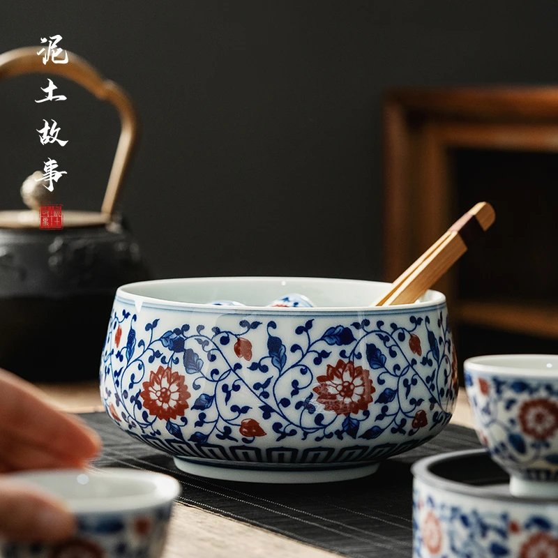 青花缠枝莲陶瓷茶洗大号茶渣缸杯洗家用笔洗水盂茶洗茶道配件
