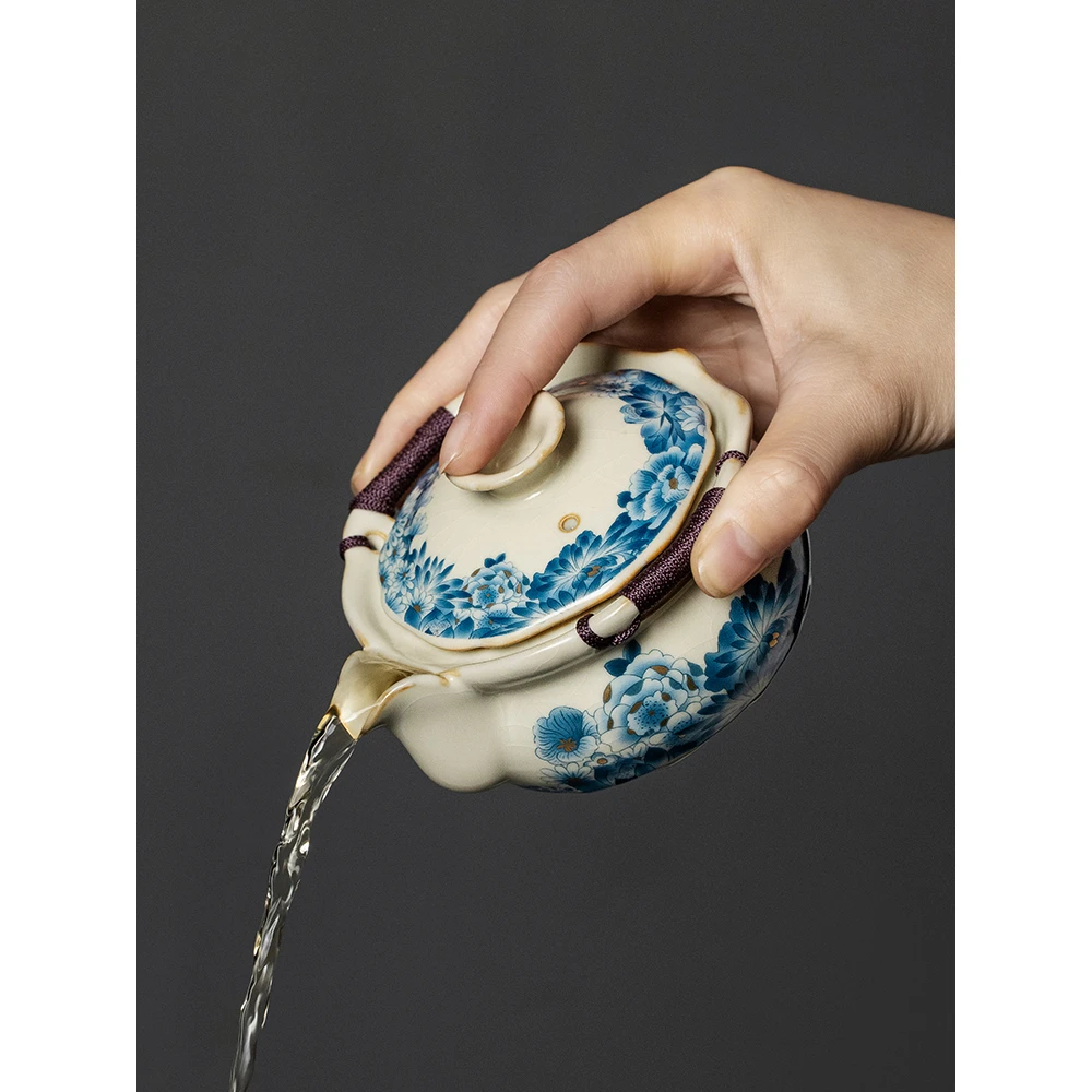 汝窑金万花盖碗茶杯单个家用防烫手手抓壶一壶二杯功夫茶具泡茶器