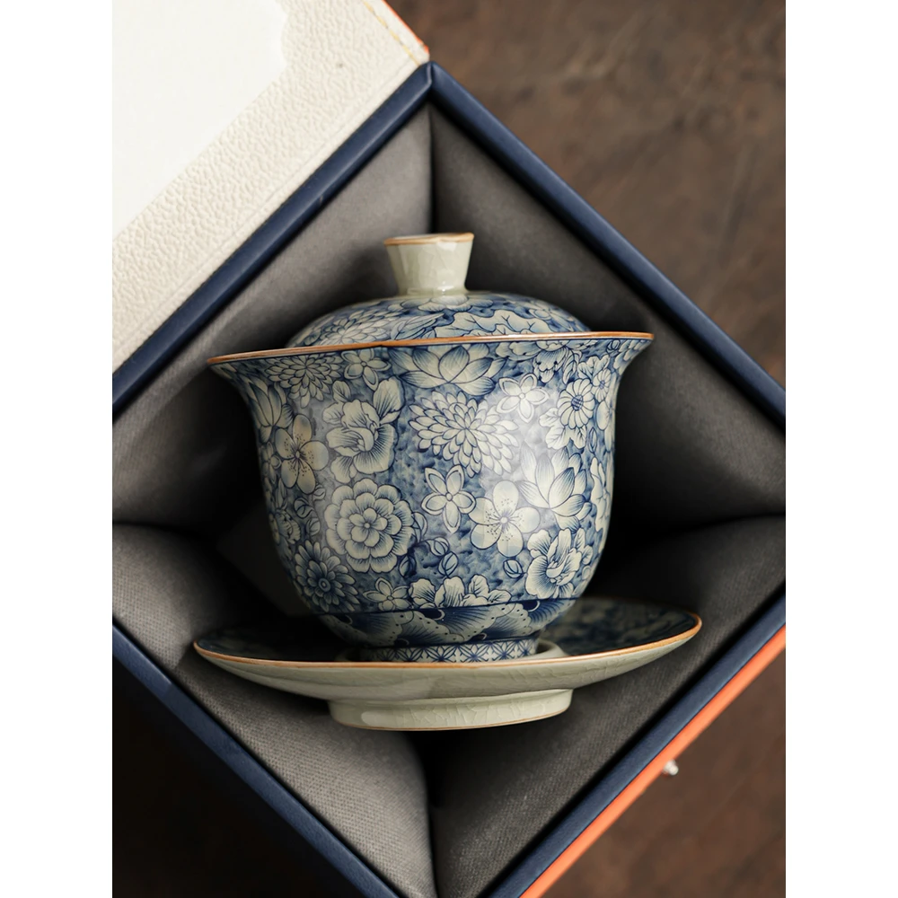 青花三才盖碗茶杯老陶泥防烫手单个高档家用陶瓷泡茶碗泡茶器带盖