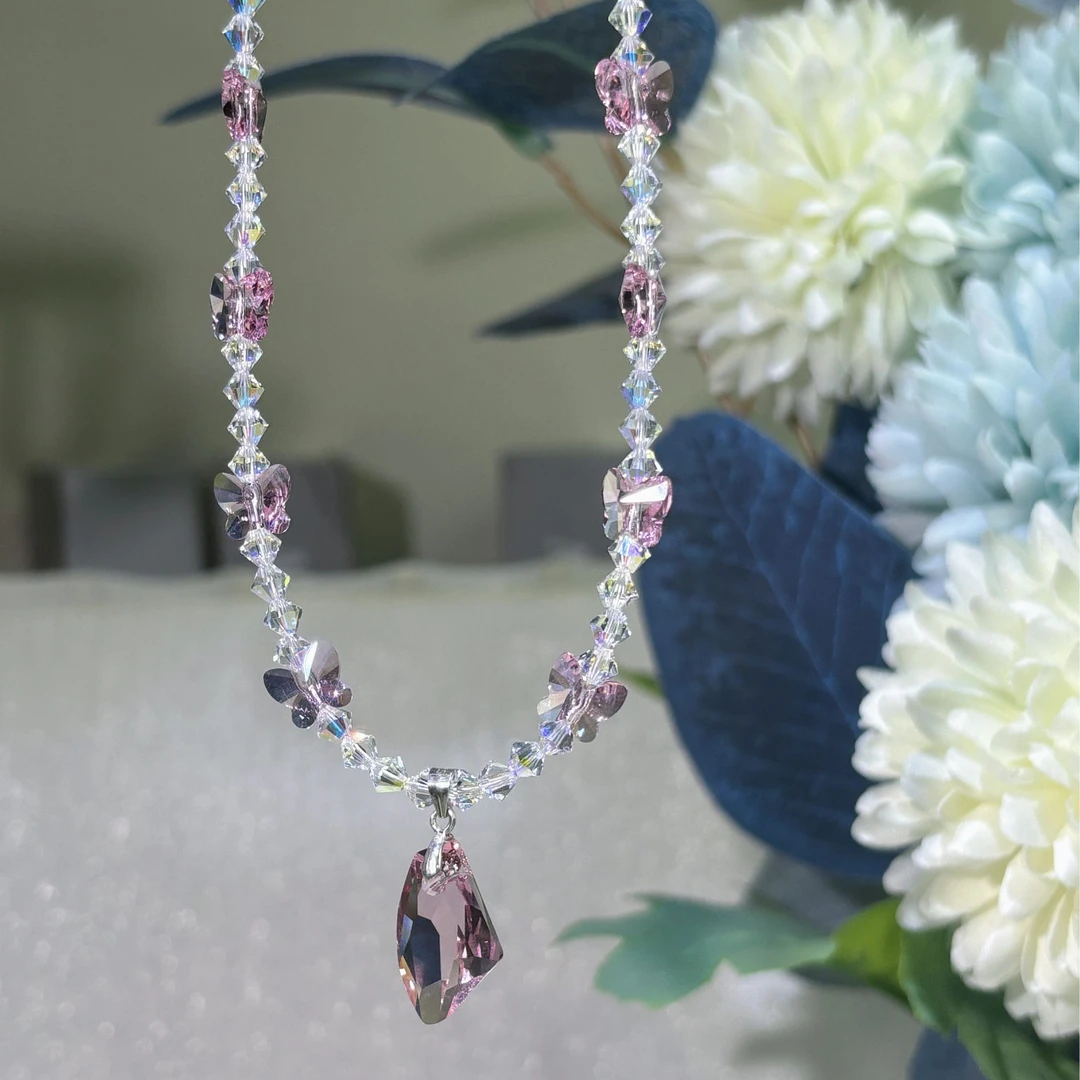 链子925银仿水晶 ins小众轻奢简约富婆紫许愿石卡八蝴蝶项链