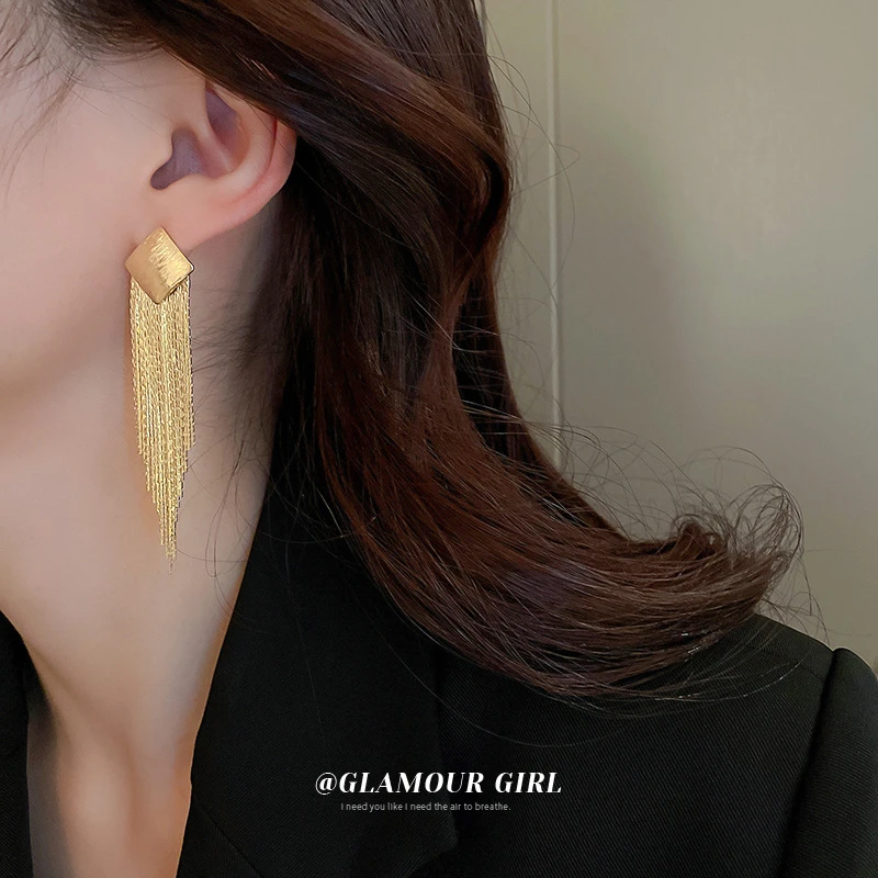 铜合金玻璃耳饰 方形流苏耳环新款潮小众耳饰