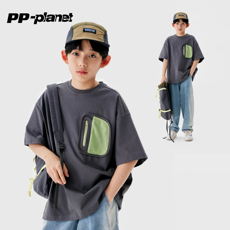 PP星球男童撞色口袋夏季短袖T恤儿童新款中大童洋气休闲上衣t